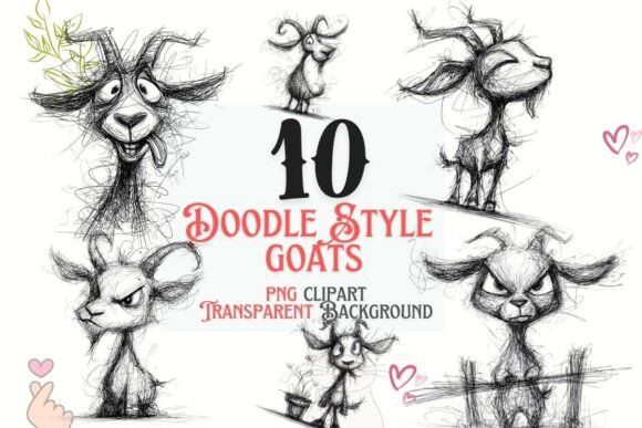 10 Doodle Goat PNG Clipart Bundle: Rustic Charm for Your Designs