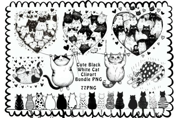 Charming Monochrome Felines: The Cute Black White Cat Clipart Bundle PNG