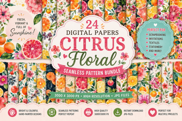 Citrus Floral Seamless Pattern Bundle: Fresh Design Assets
