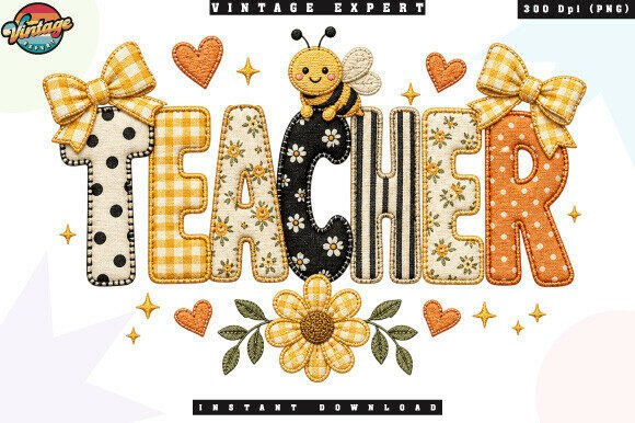 Cute Teacher Bee Patchwork PNG: A Charming Design Asset