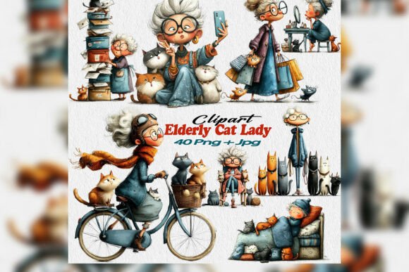 Elderly Cat Lady Clipart PNG Spring Set: A Whimsical Design Asset