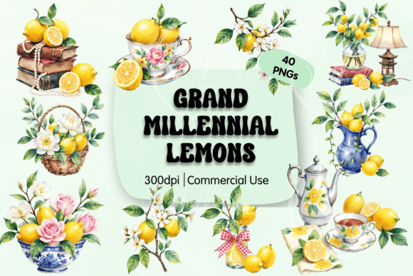 Grandmillennial Lemon Watercolor Clipart: A Fresh Take on Vintage Style