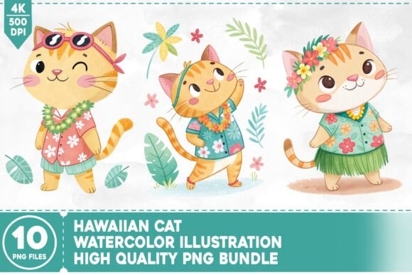Hawaiian Cat Watercolor Bundle: Creative Freedom for Designers