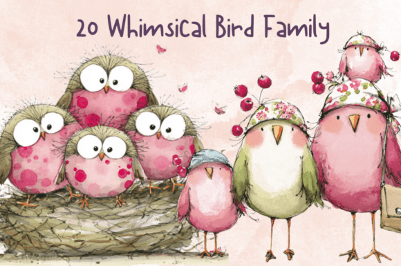 Whimsical Bird Family Clipart Set: Infuse Designs with Storybook Charm